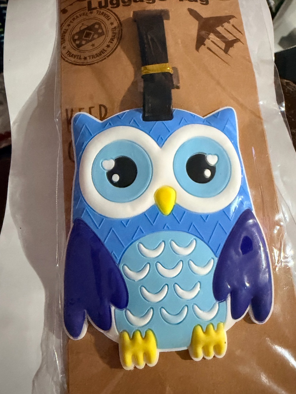 Blue Owl Luggage Tag with Yellow Beak and Feet